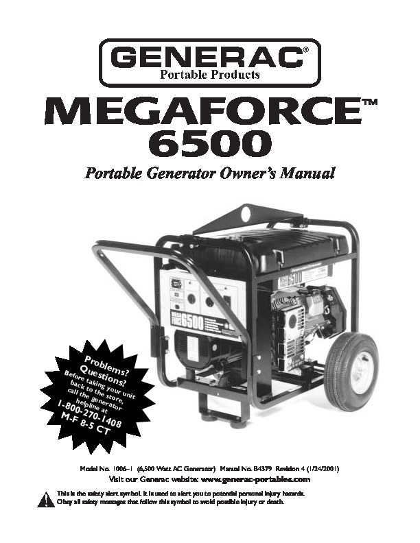 Generac Megeforce 6500 Generator Owners Manual - Enlarge page 1 of 20.