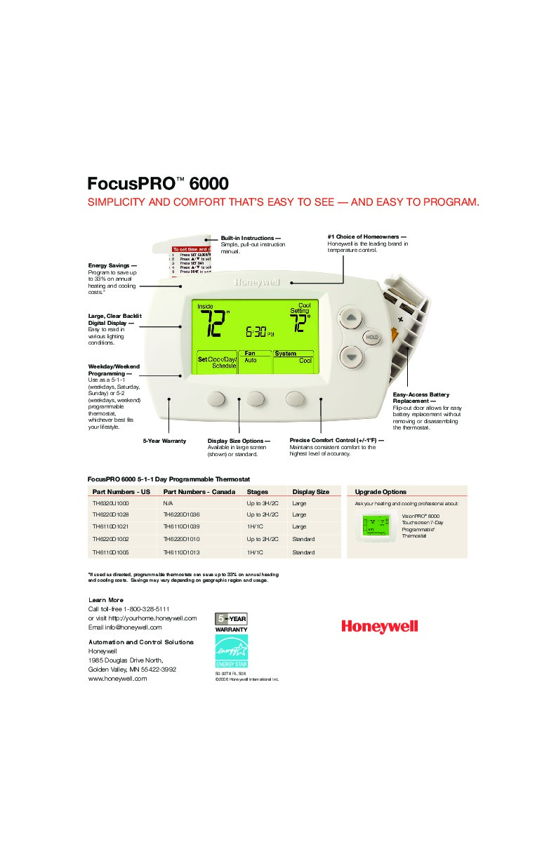 Honeywell FocusPRO 6000 5-1-1 Day Programmable Thermostat Brochure